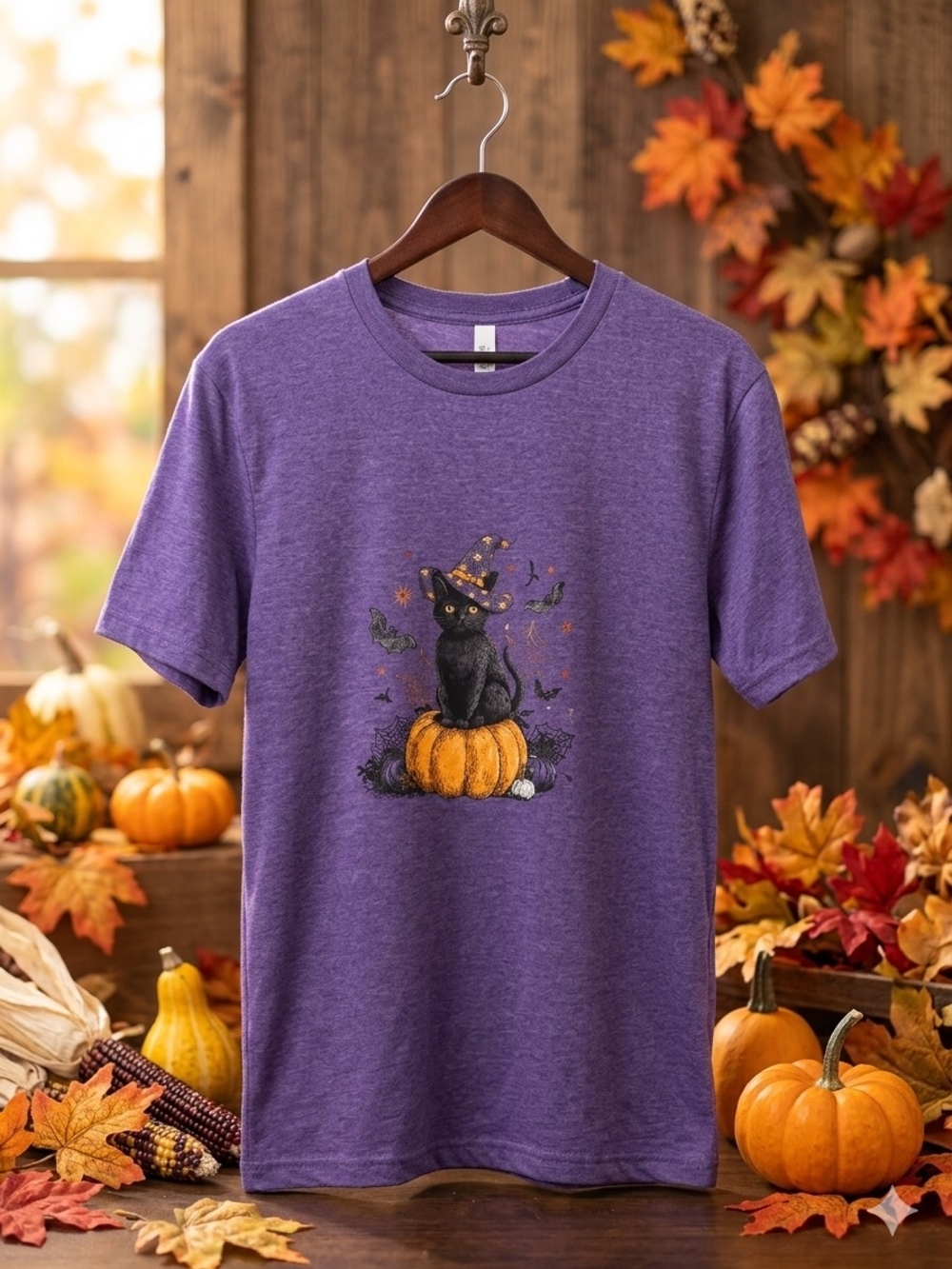Gildan Purple Tee with Black Cat on Orange Pumpkin Graphic